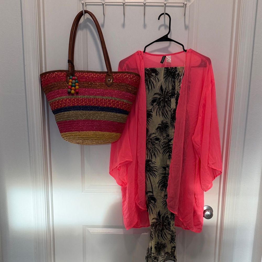 Pink Sheer Kimono with Tropical Wrap and Striped Tote